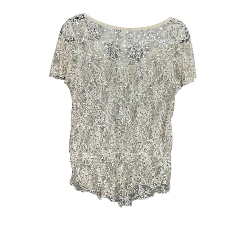 Y2K Cream Sheer Floral Lace & Gold Sequin Shirt Size Large Fairycore Coquette - Picture 2 of 5